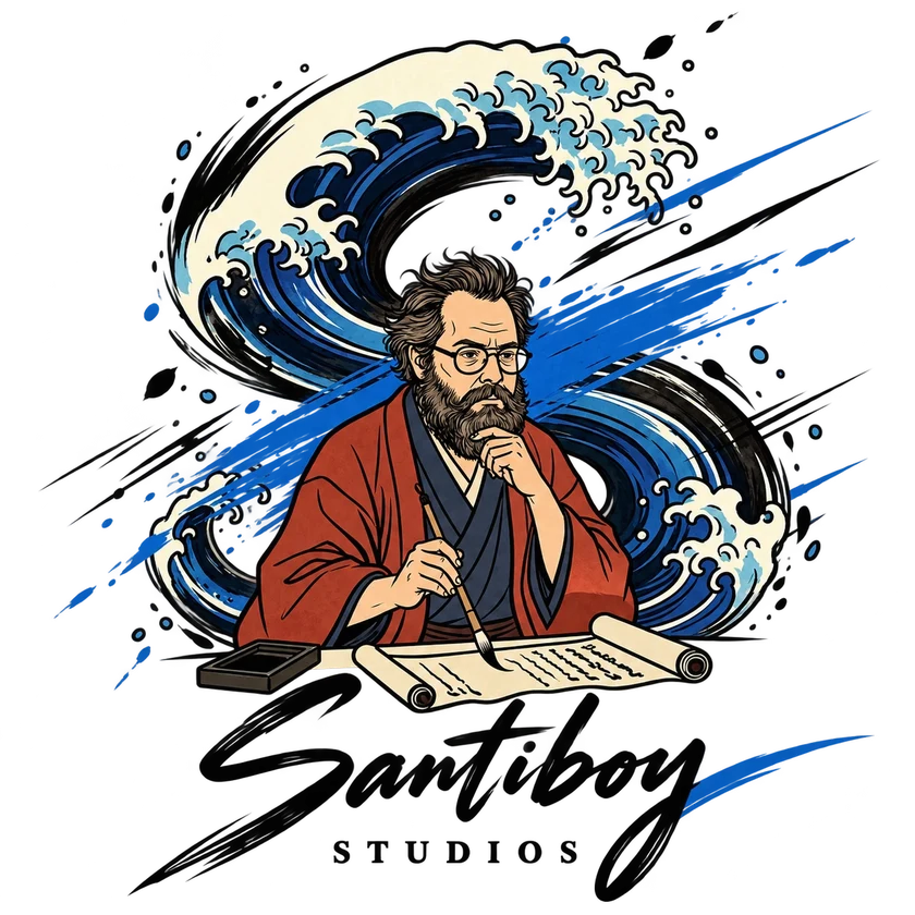 Logo de Santiboy Studios: una gran ola en forma de S y un artista escribiendo con pincel
